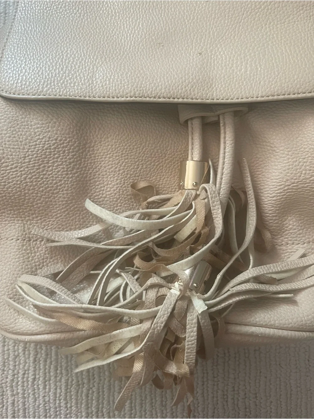 Beige Leather Tassel Drawstring Backpack - Women b28